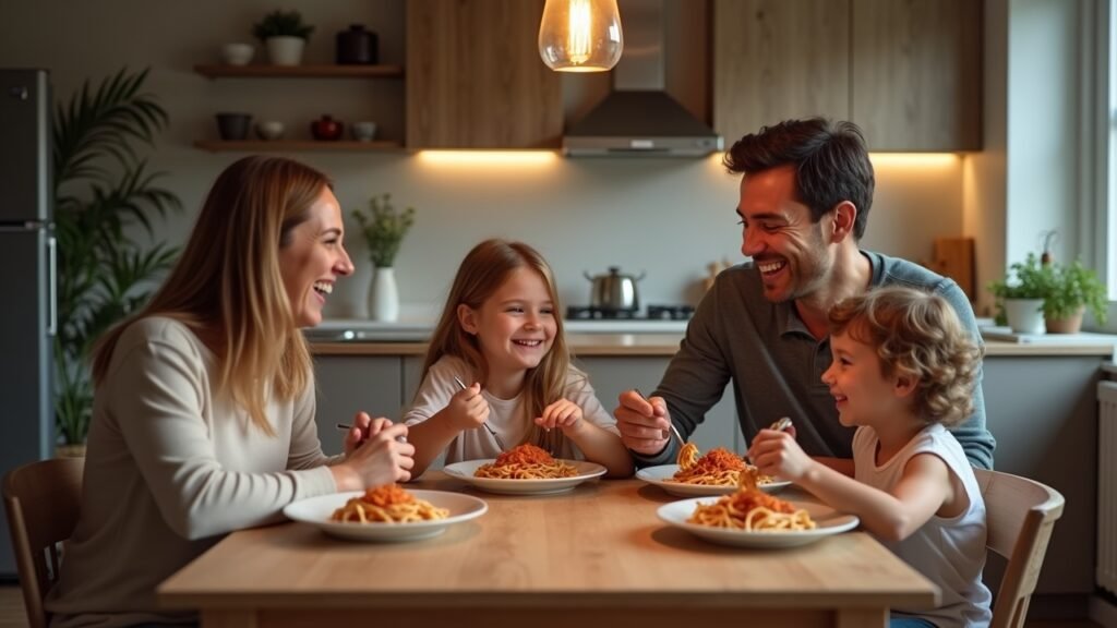 Family eating pasta dinner