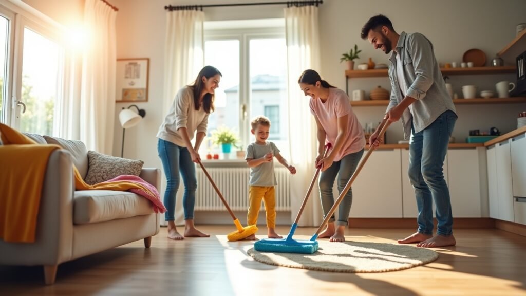 Family cleaning together