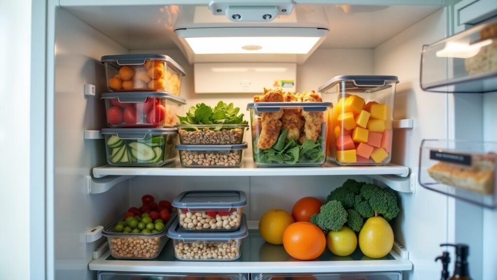 Organized fridge with prepped meals