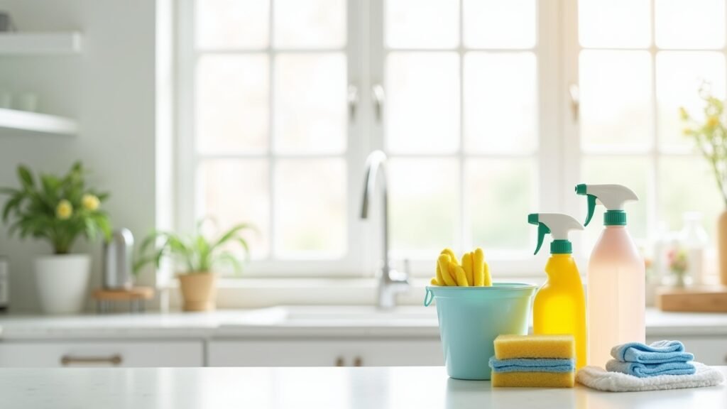 Cleaning supplies neatly arranged