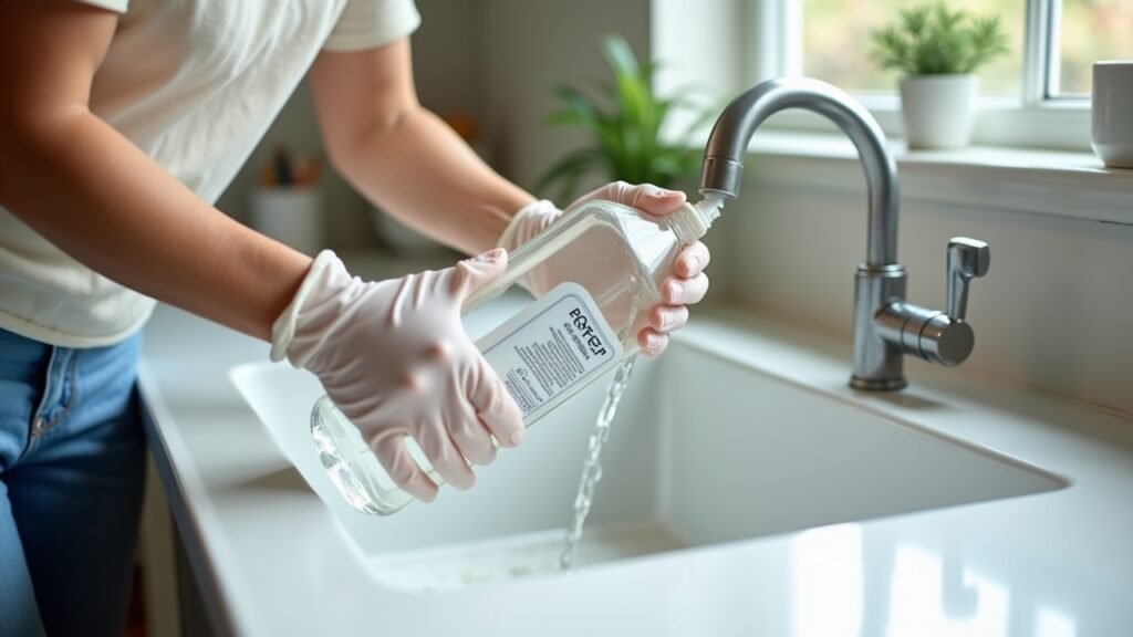 Person pouring solution in drain