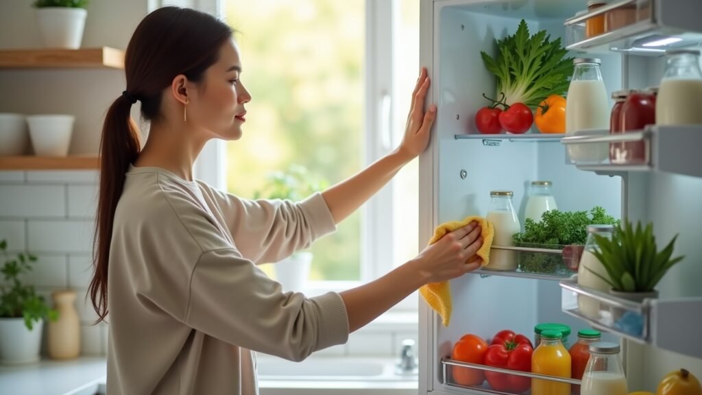 Person wiping fridge shelves