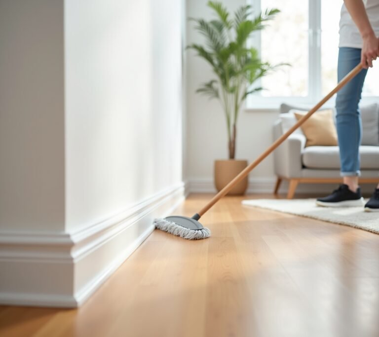Cleaning baseboards with tool