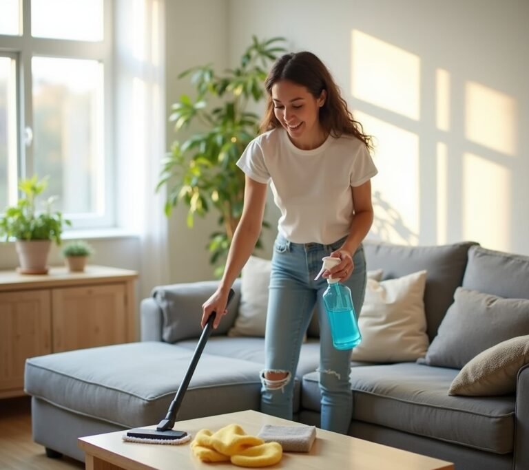 Person speed cleaning living room