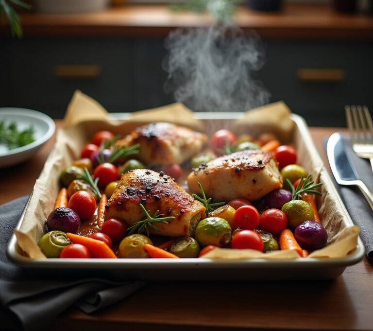 Sheet pan with roasted dinner