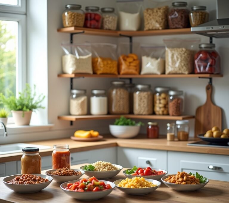 Well-stocked pantry shelves