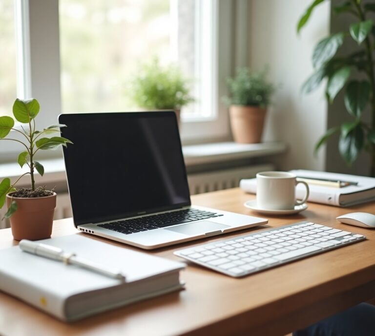 Cluttered home office desk