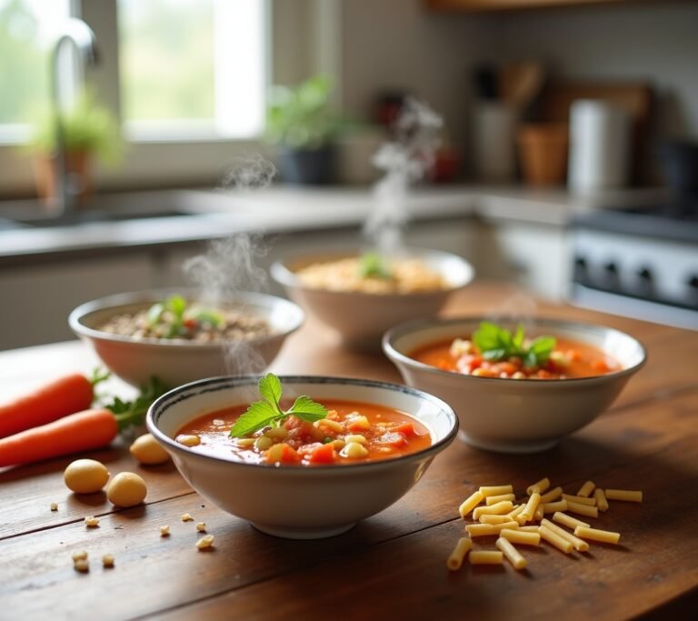 Pot of simmering vegetable soup